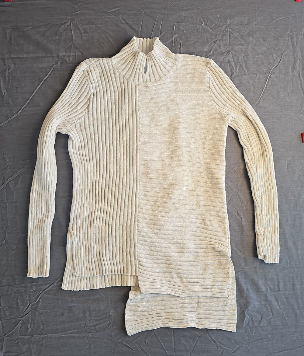 CAbi 3363 D Ring Pullover Sweater Small Ivory Ribbed Cotton Asymmetrical